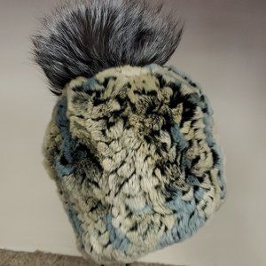 SALE Knitted Rex Rabbit Fur Beanie with Fox Pom